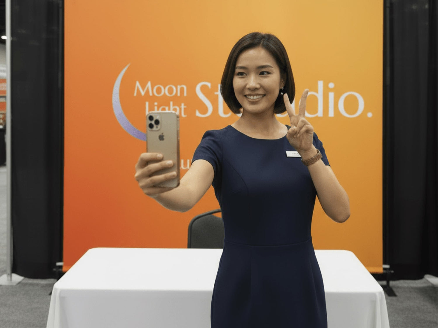 all set for trade show with custom backdrop banner