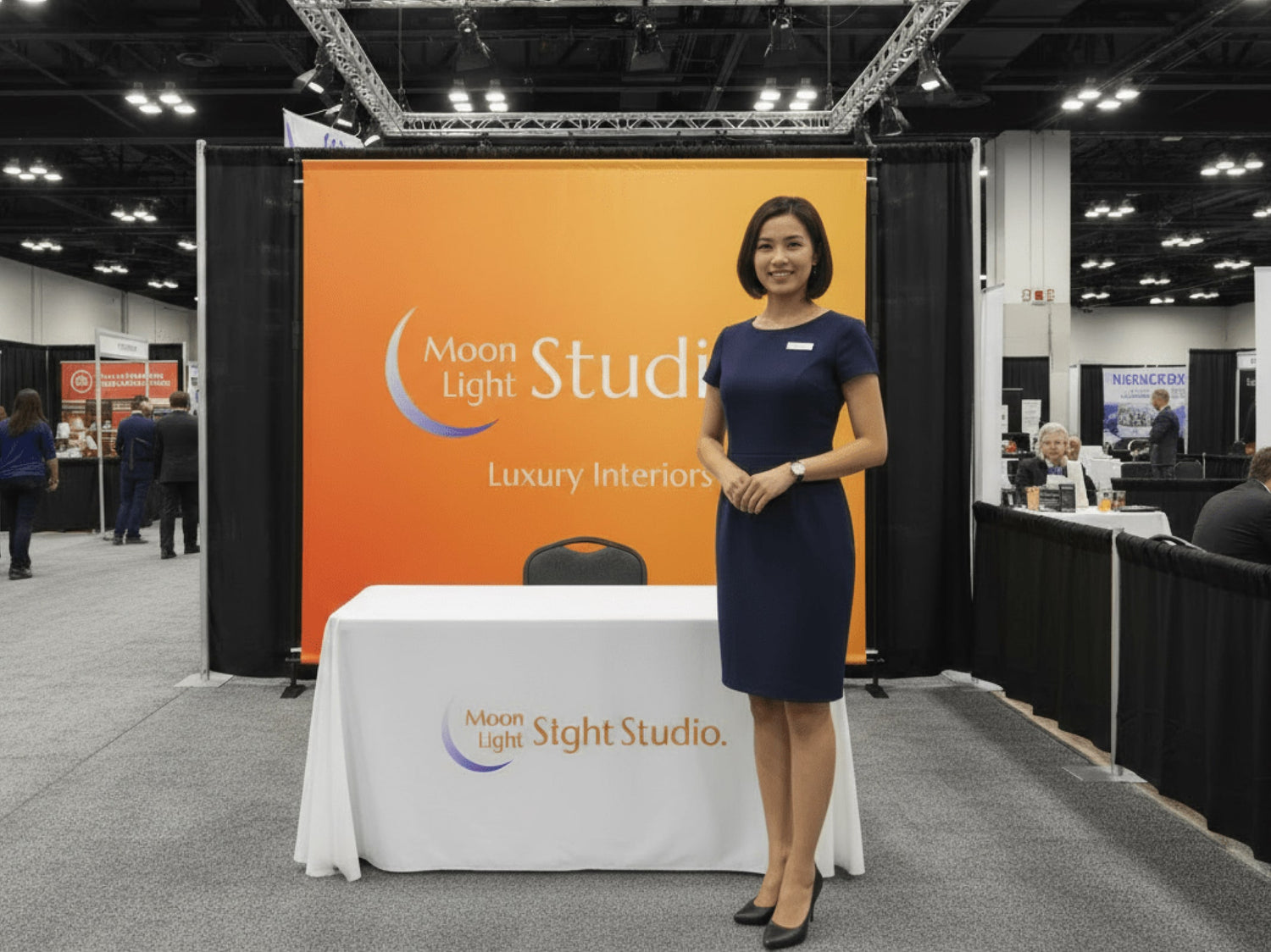 Minimalist booth setup with backdrop banner stand