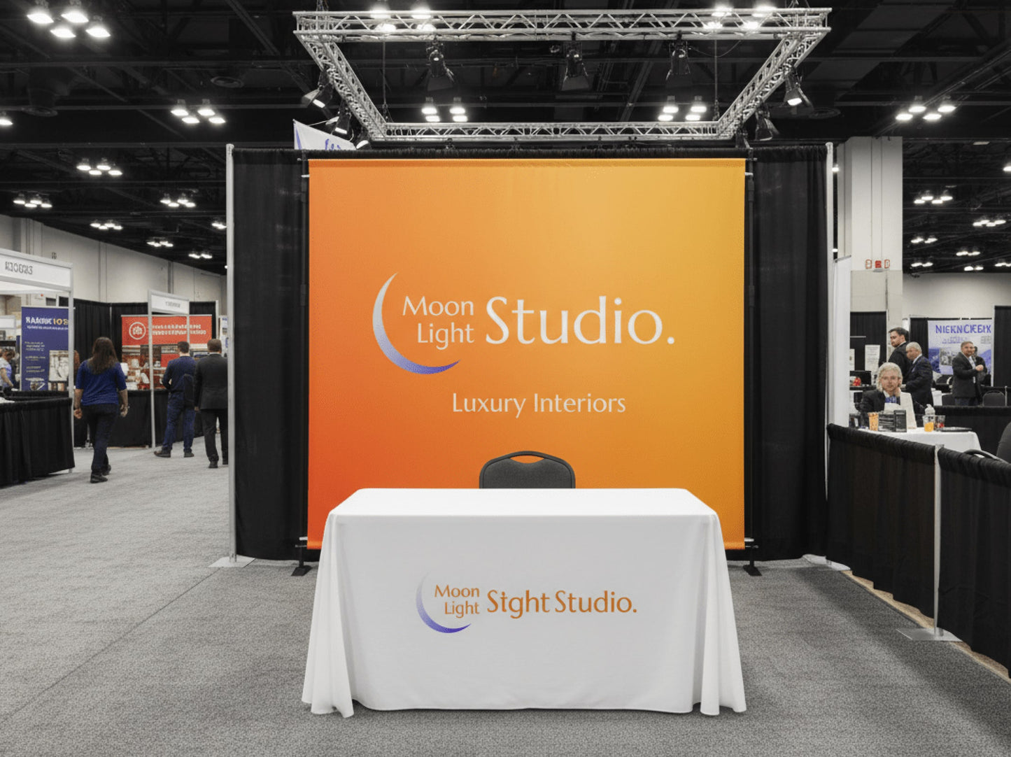 Minimalist booth setup with backdrop banner stand and table cover