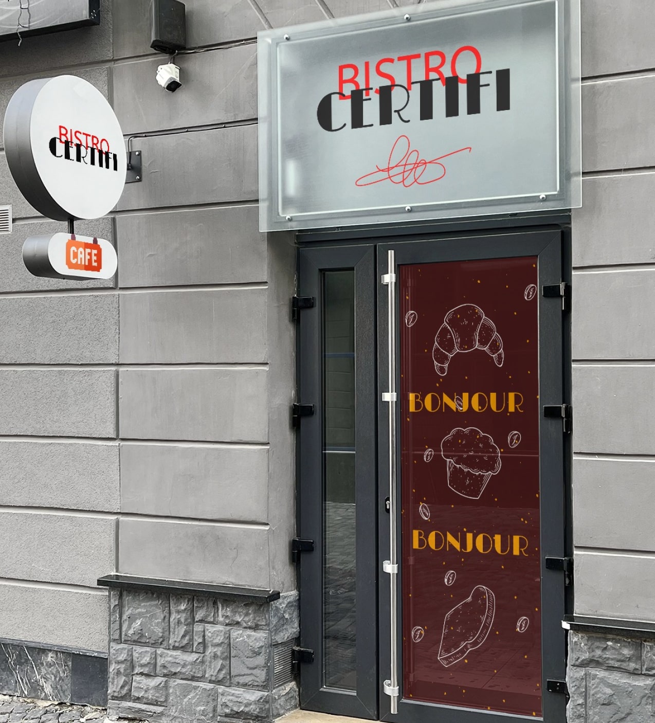 Window Decals on the glass door and Name Sign