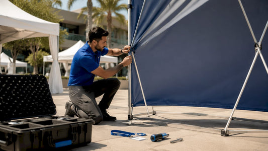 Exhibitor setting up fabric pop-up backdrop at event