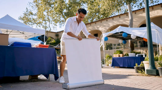 Man setting up a retractable banner stand indoors