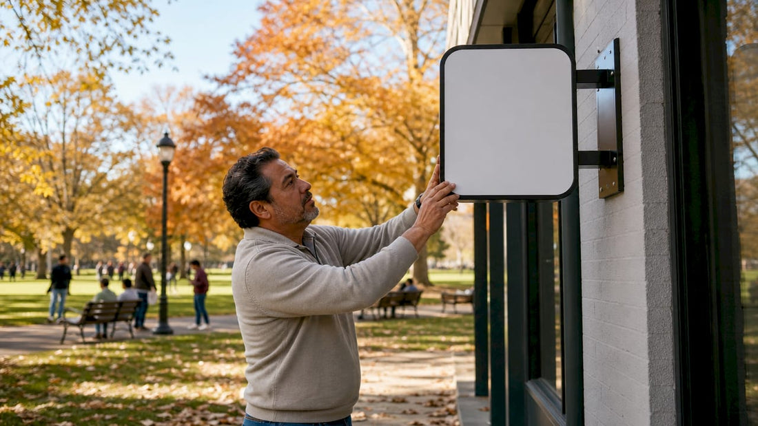 Small business owner adjusting aluminum outdoor sign