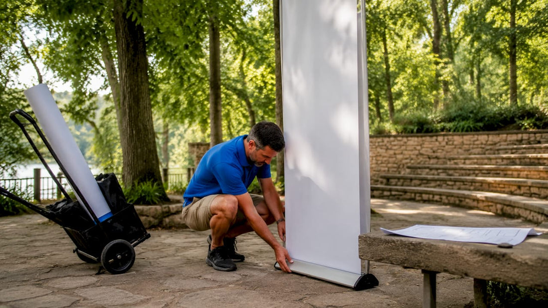 Man setting up double-sided banner stand