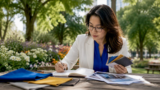 Event planner reviewing trade show display samples