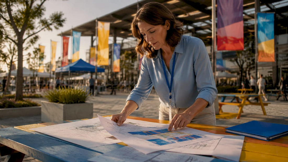 Woman planning trade show booth layout