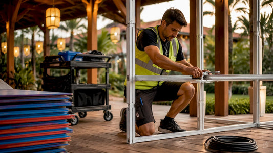 Technician assembling modular trade show frame
