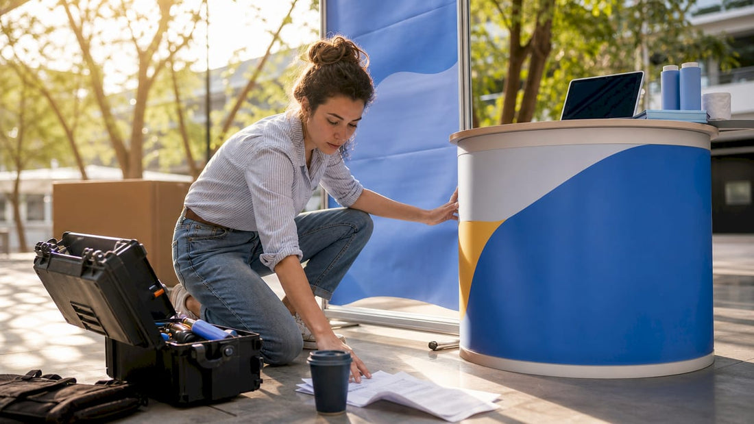 Woman setting up modern trade show booth