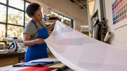 Woman inspecting polyester step and repeat backdrop