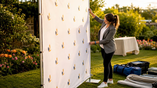 Event planner setting up fabric step and repeat banner