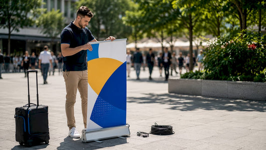 Man setting up pull-up banner at event