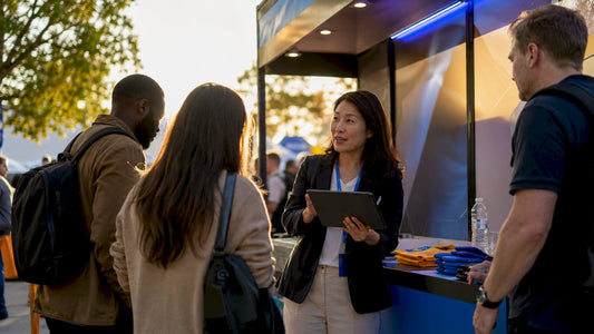Trade show booth manager engaging attendees