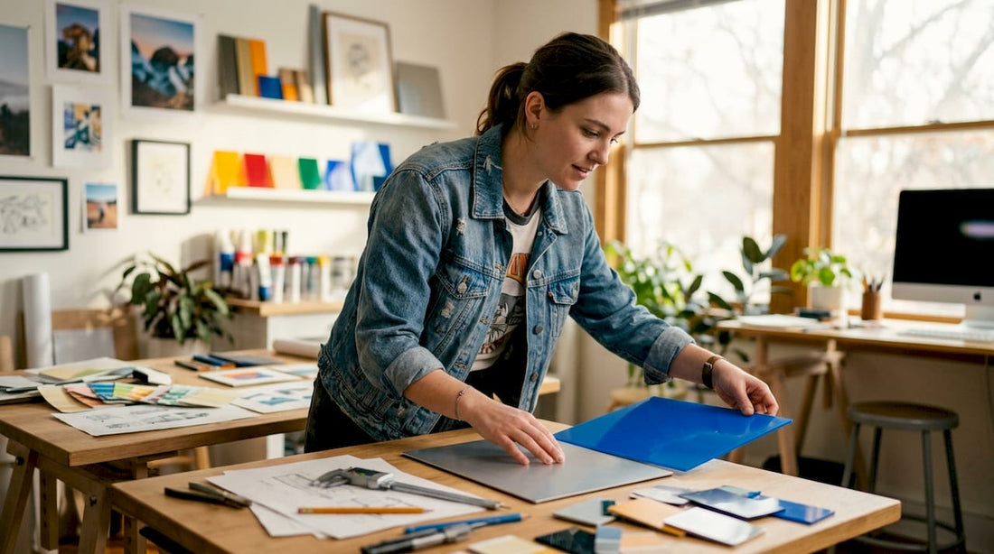 Designer comparing acrylic and aluminum sign materials