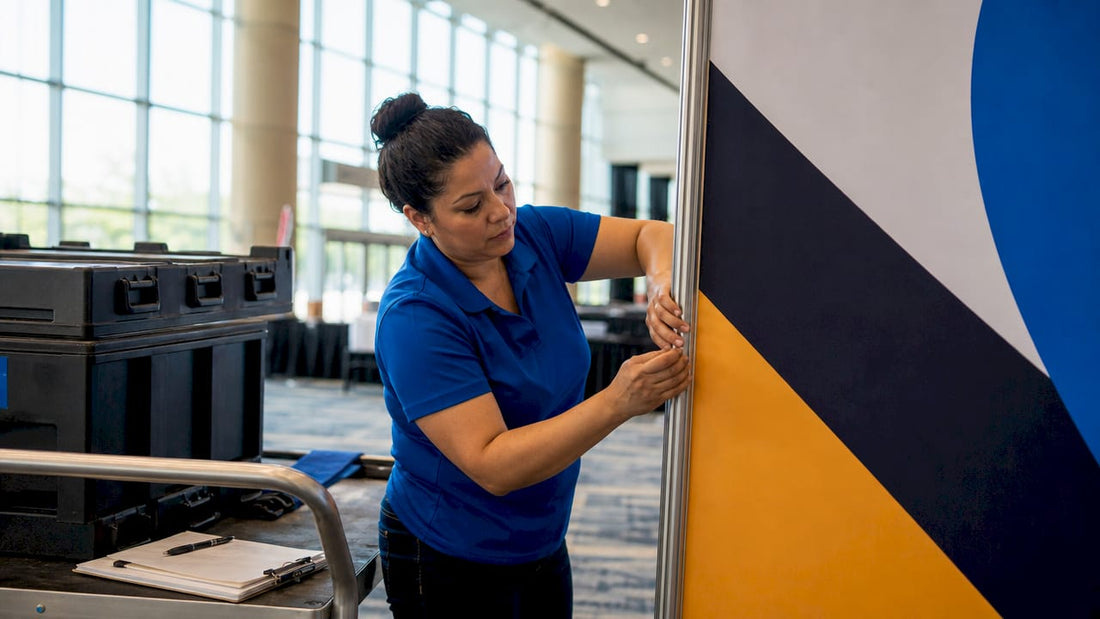 Woman setting up event marketing banner outdoors