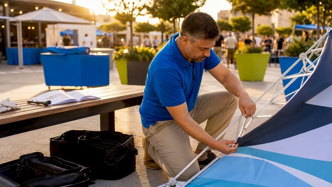 Man assembling fabric tension frame at event