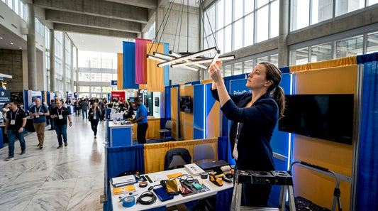 Exhibitor adjusting trade show booth lighting