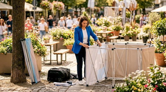 Woman assembling pop-up booth at event foyer