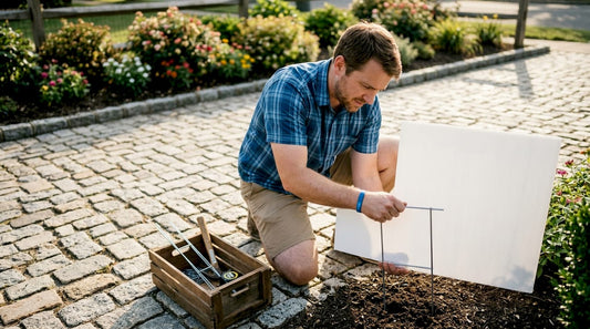 Person installing yard sign into lawn