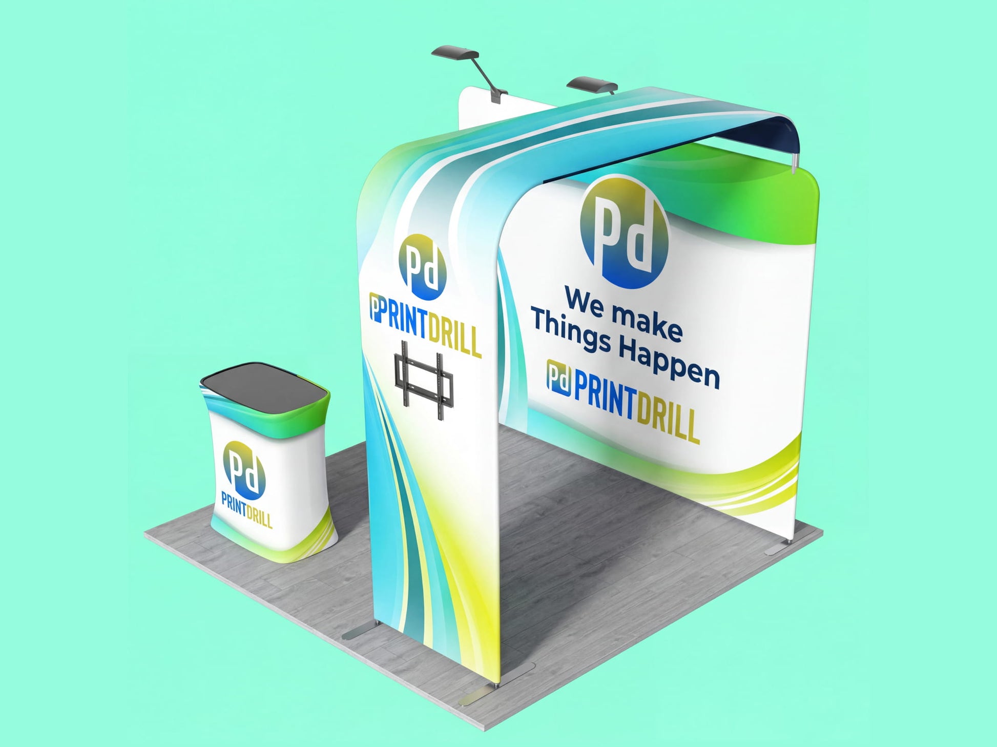 10x10 Tension Fabric Trade Show Booth with TV Mount - Wallfall Deck