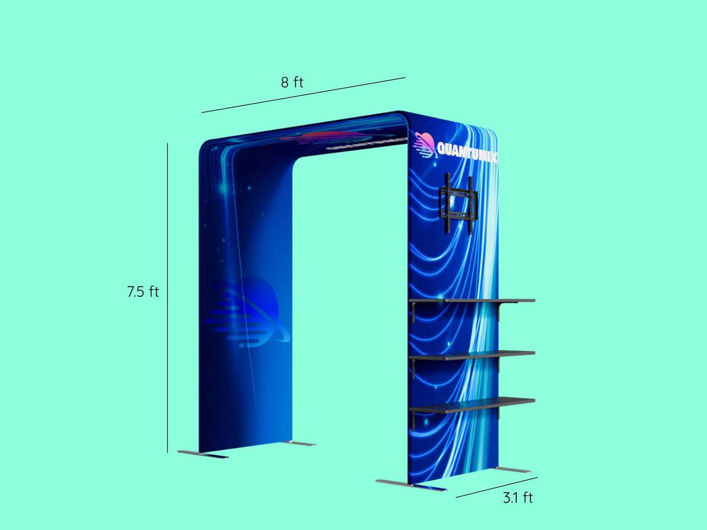 10x10 Booth - Showcase Arch Booth - Square Arch Display Shelf & TV Rack