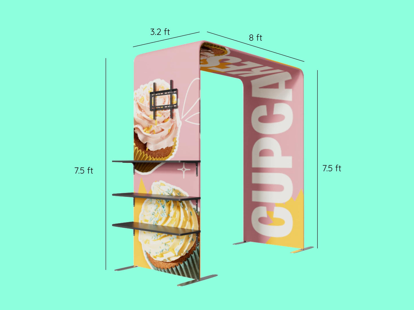 10x10 Booth - Twin Arch Display Booth Square Arch Display Self and TV Rack