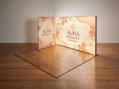 Brand Beacon Booth – 10x10 Booth with SEG Light Box Backdrop Display and Stretch Fabric Display 