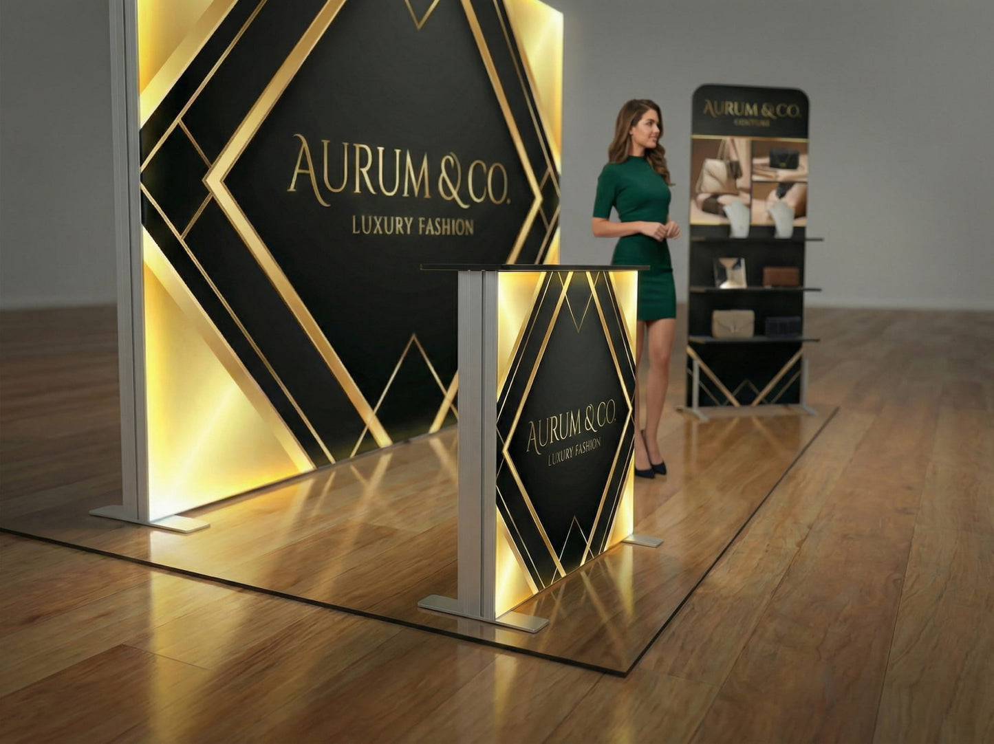 Brand Glow Booth – 10x10 Booth with SEG Light Box Display Side View