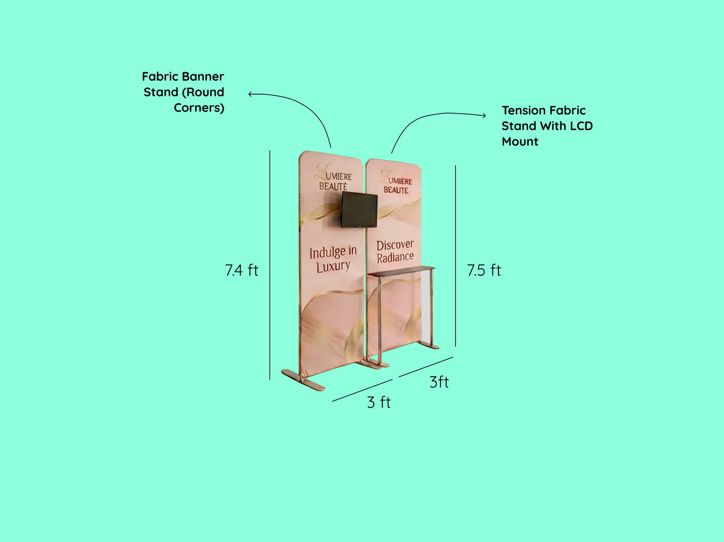 Brand Illuminate Booth – 10x10 Booth with  Fabric Banner Stand and Tension Fabric Stand With LCD Mount
