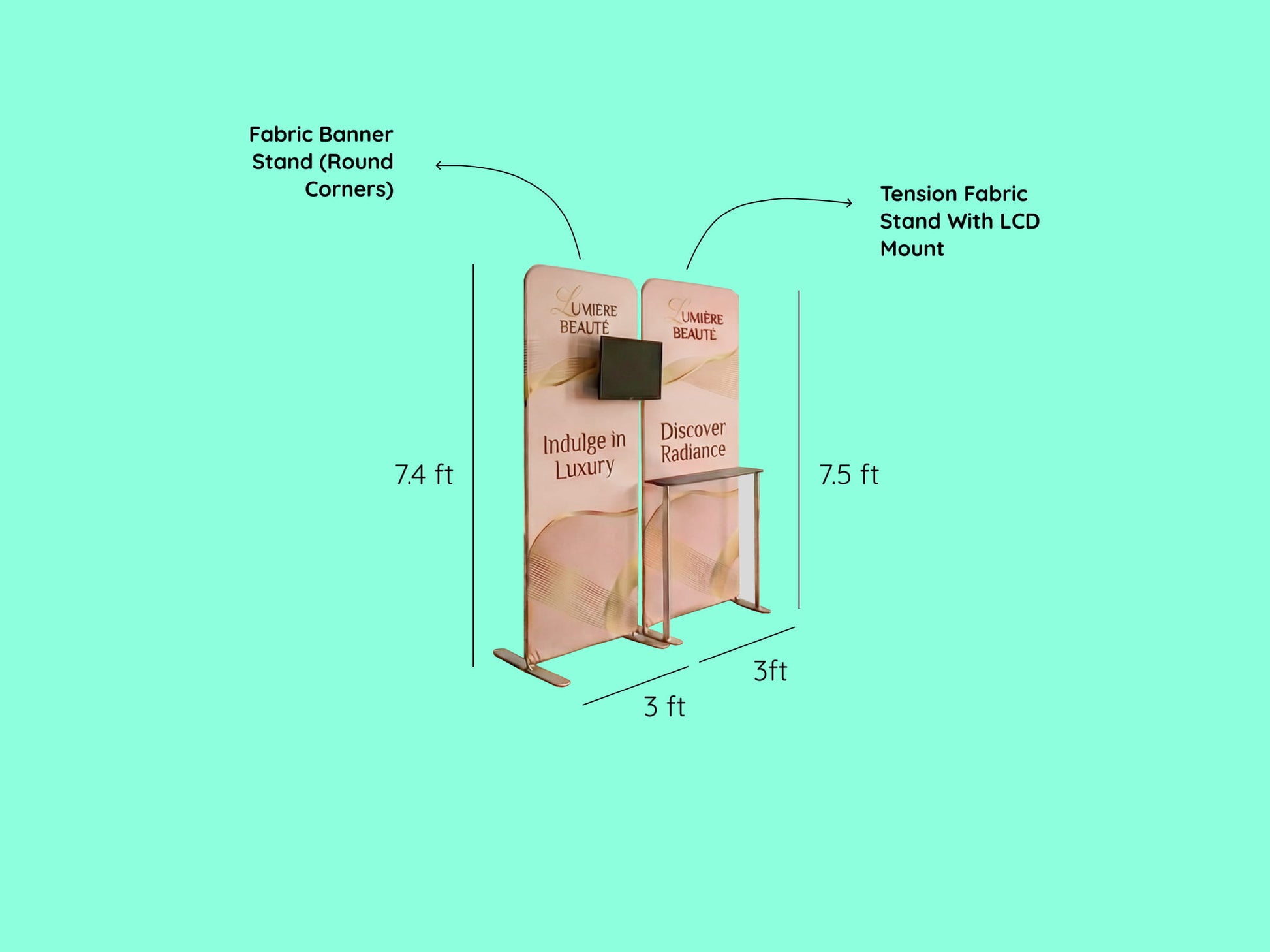 Brand Illuminate Booth – 10x10 Booth with  Fabric Banner Stand and Tension Fabric Stand With LCD Mount