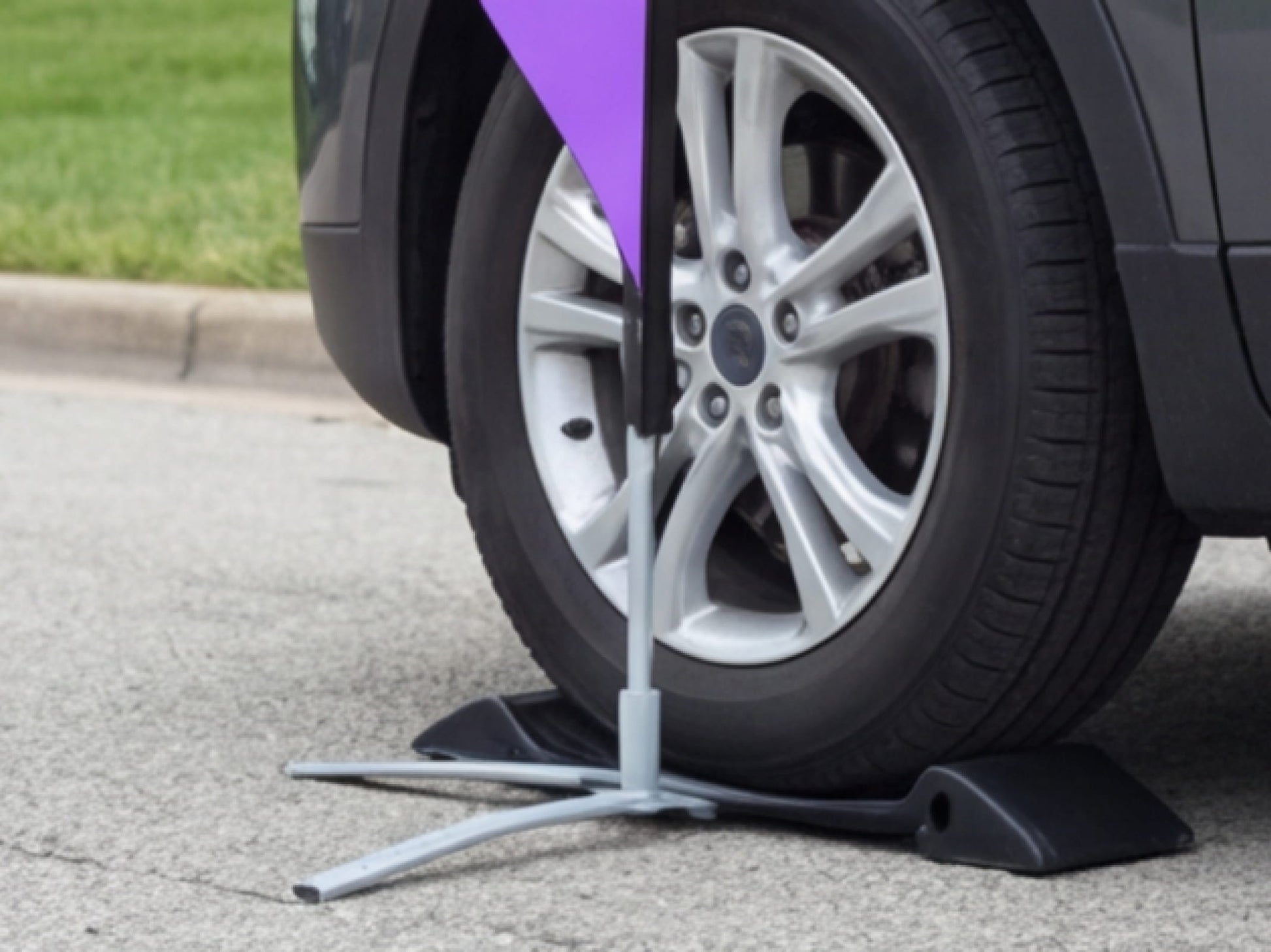 Custom Feather Flag with Car Wheel Base Drive on