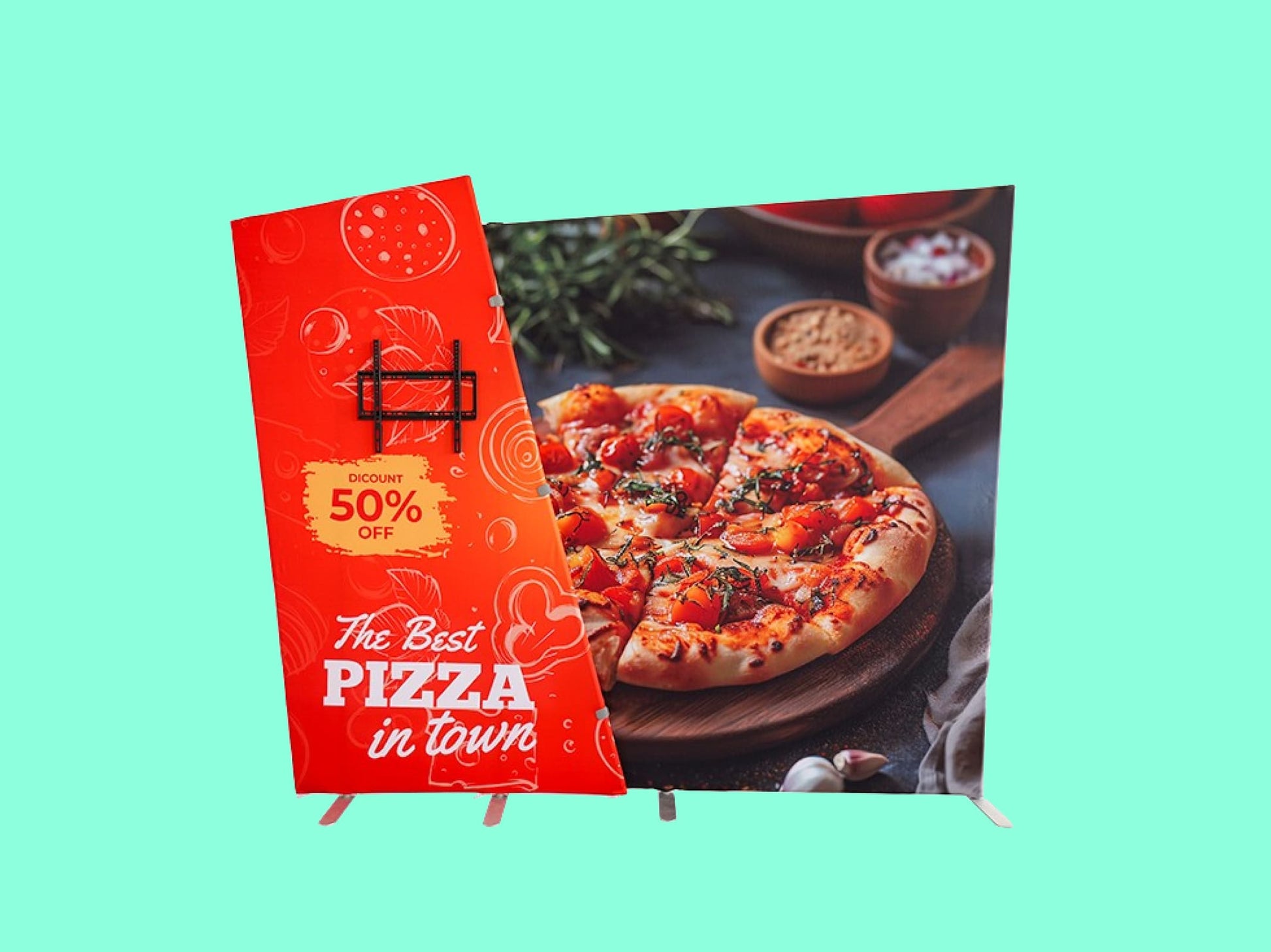 Dual Trapezoid Backdrop with TV Rack for Events and Exhibitions 