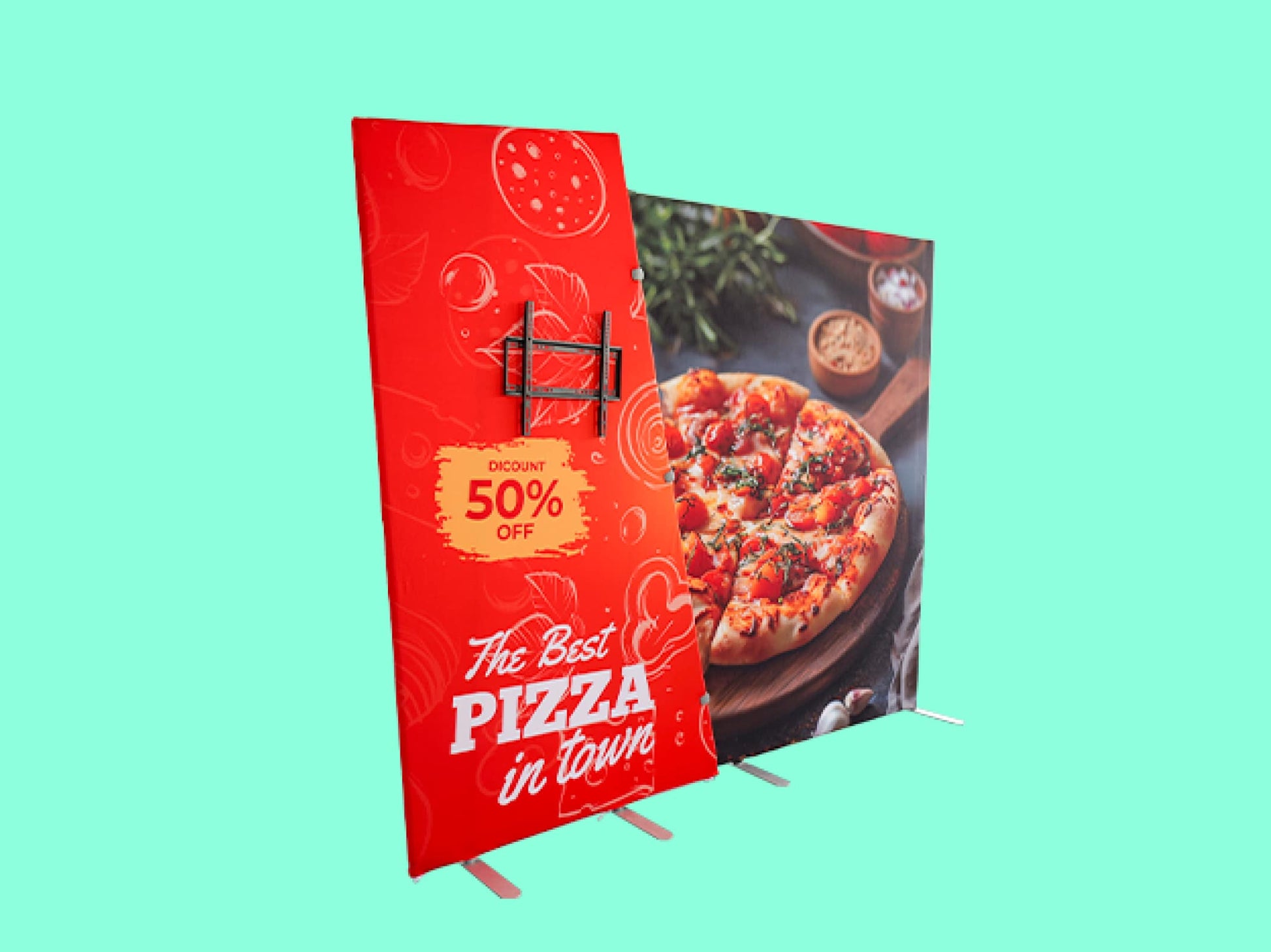 Dual Trapezoid Backdrop with TV Rack for Trade Show