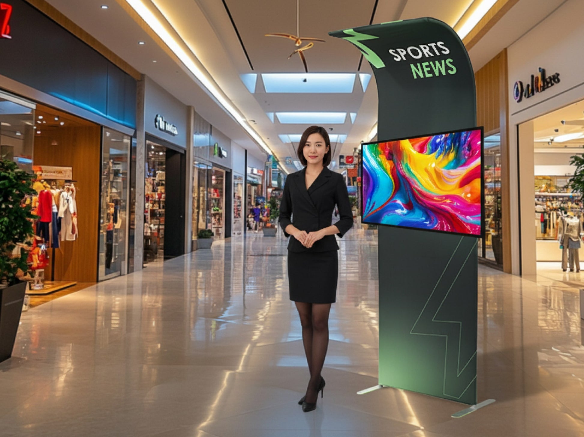 Inverted J Curved Tension Fabric TV Stand Mall Photo