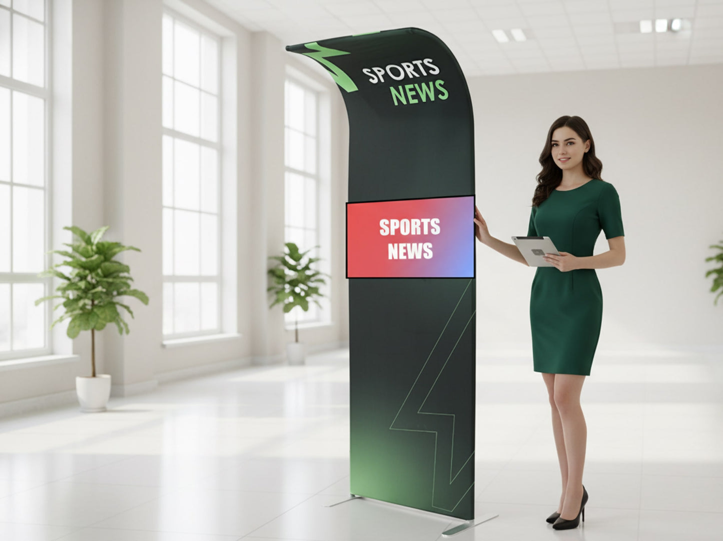 Inverted J Curved Tension Fabric TV Stand Ready for Trade Show Events