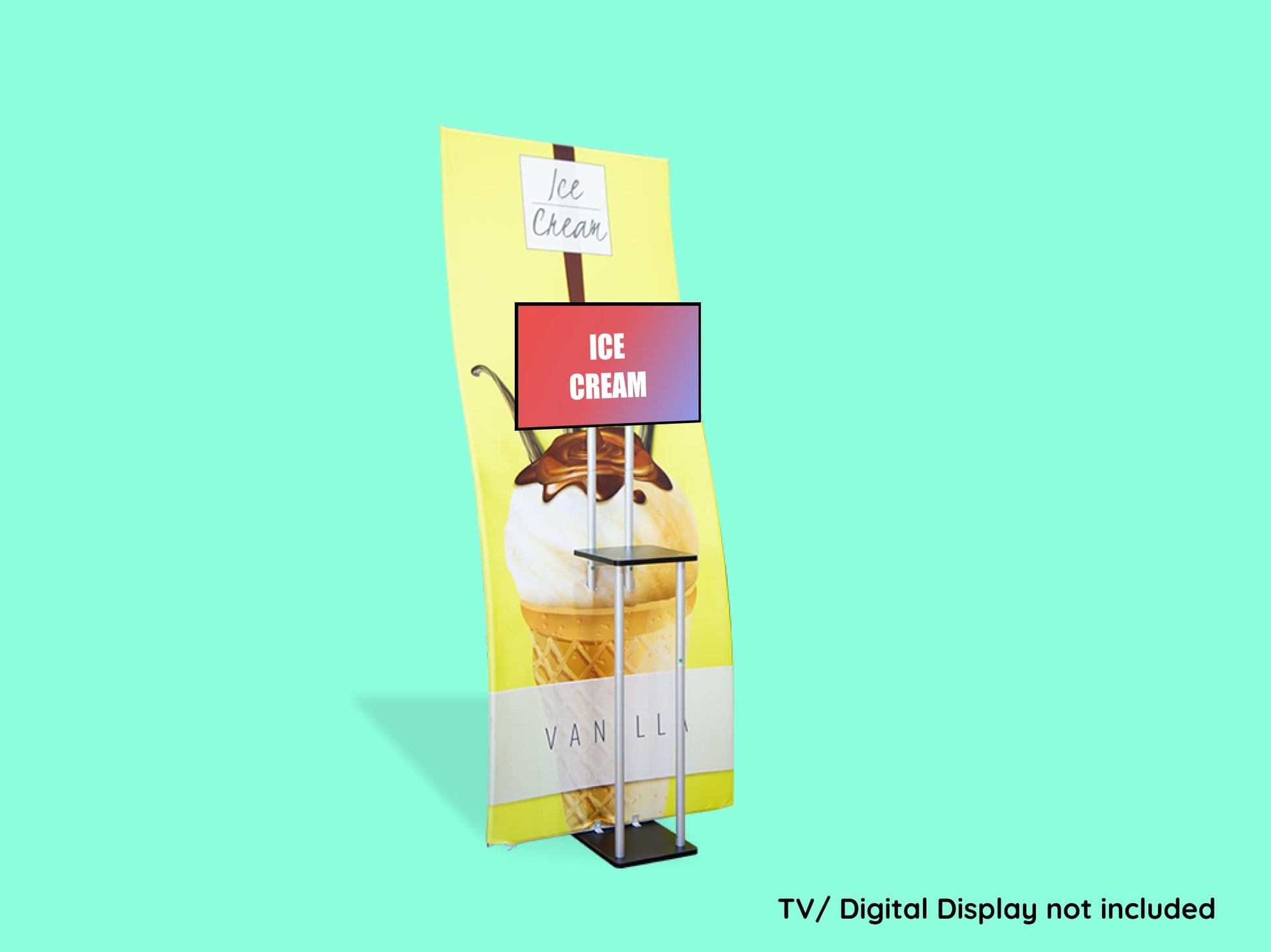 S Shaped Banner Stand With Display Shelves with TV mounted