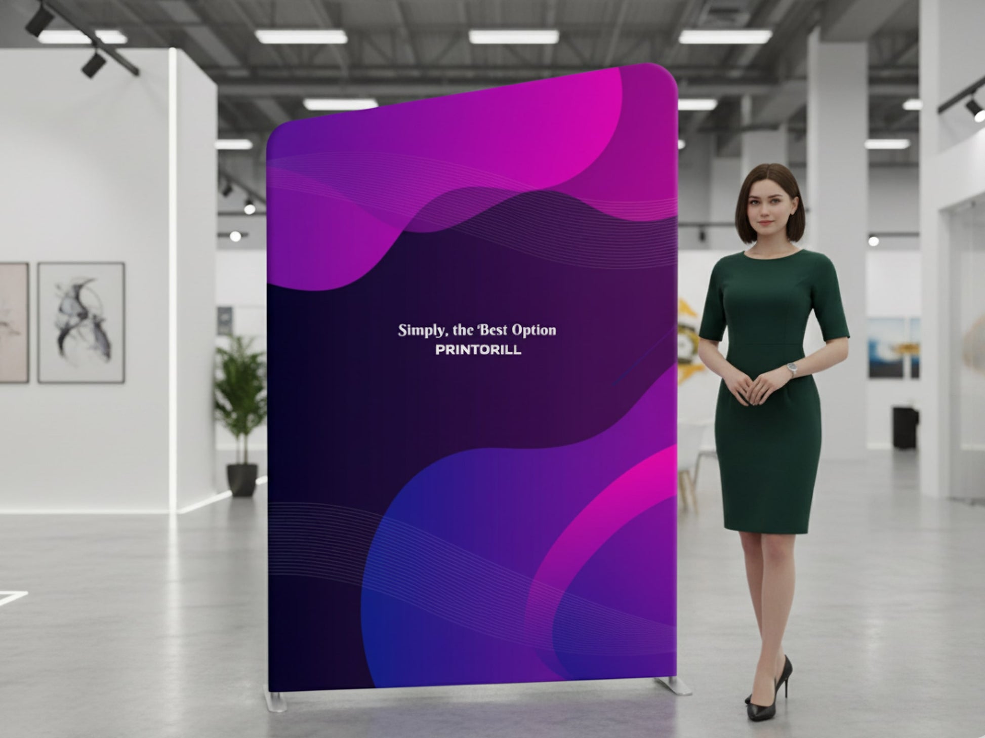 Slope-Top Fabric Banner Stand ready for event